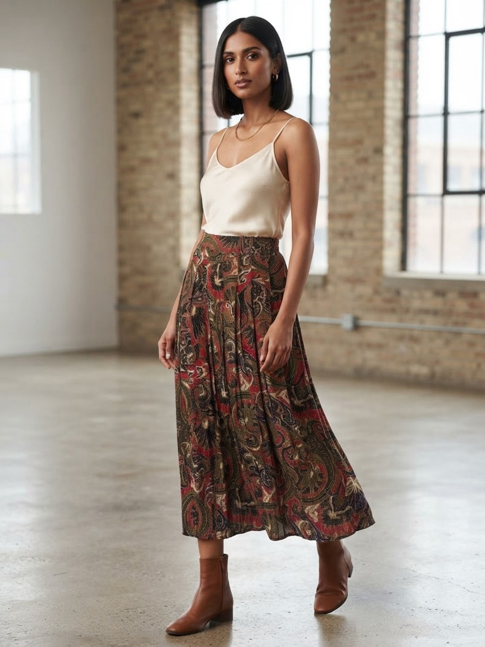 Vtg Worthington Paisley Midi Skirt 90s Boho Rayon Pleated Red Green Multicolor